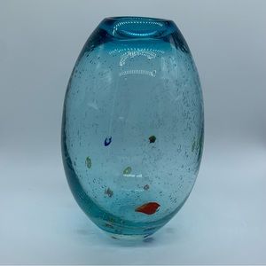Margie’s Garden Blue Millefiori Hand Blown Art Glass Vase